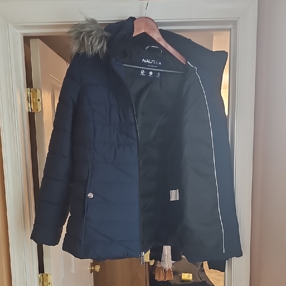 Nautica Women's Dark Blue Puffer Coat with Faux Fur Hood